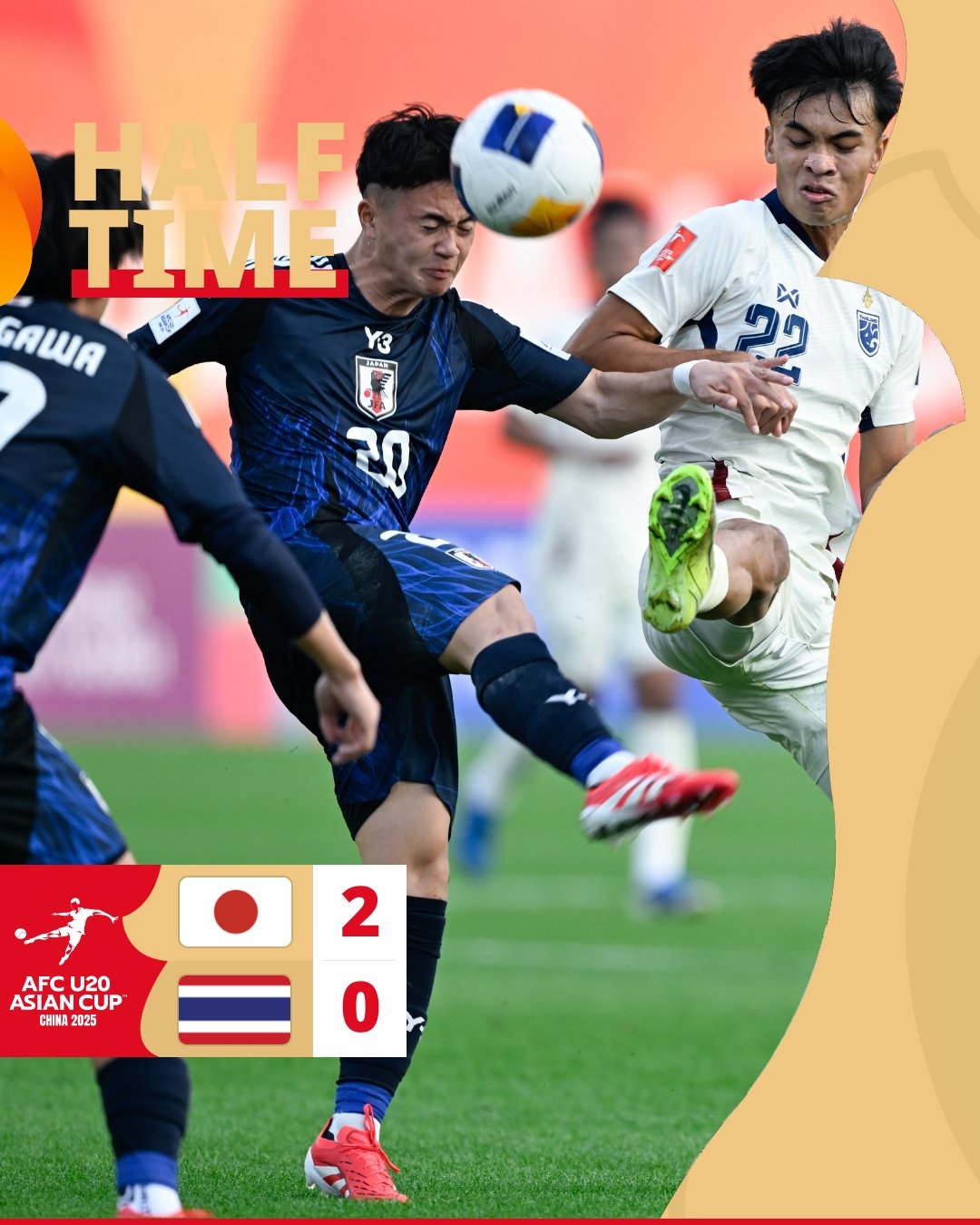  半場-日本U20 2-0領(lǐng)先泰國U20，石井久繼破門+中柱 泰國0射正