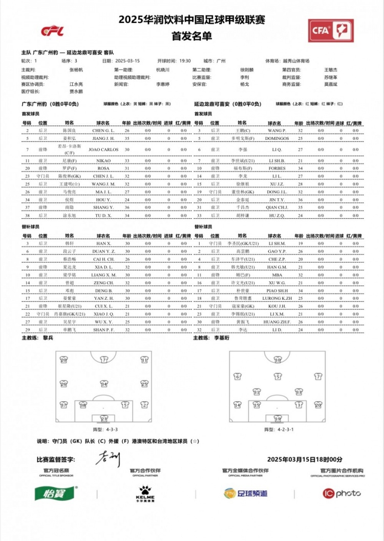  廣州豹vs延邊龍鼎首發(fā)：卡洛斯、羅薩、尼康三外援領銜廣州豹