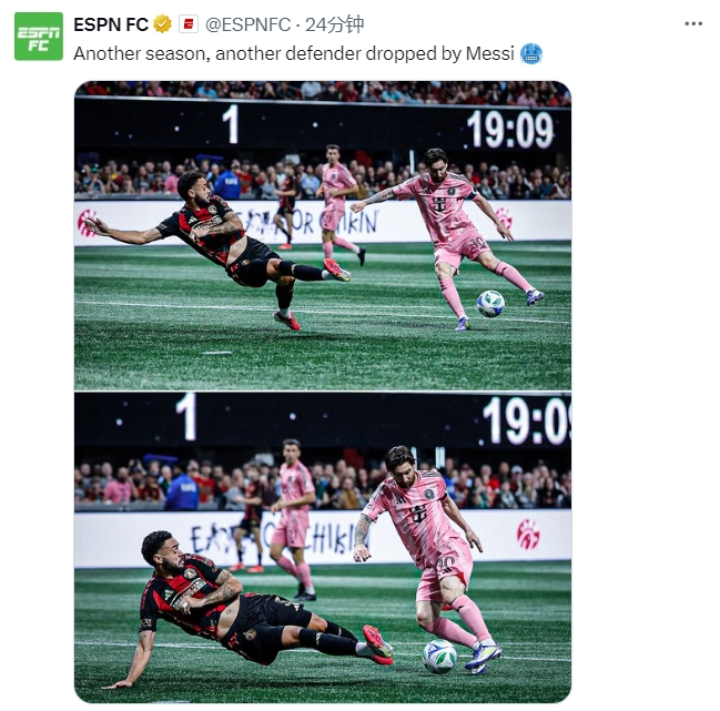  名場(chǎng)面記錄！ESPN曬照：又一個(gè)賽季，又一名后衛(wèi)被梅西扣倒