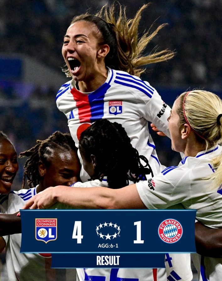  里昂女足4-1大勝拜仁女足，總比分6-1晉級(jí)女足歐冠半決賽